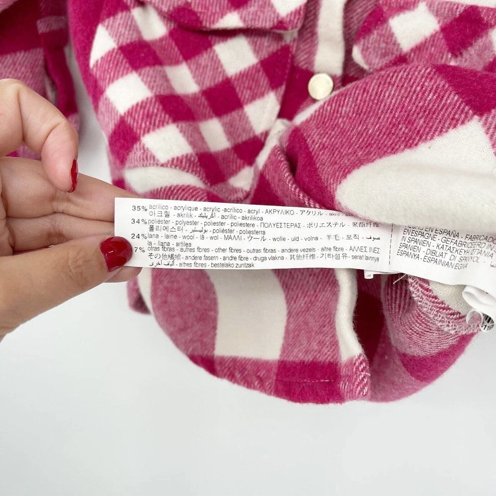 Zara Plaid Overshirt Jacket Girls 4-5 Years‎ Pink White Flannel Button Down Wool